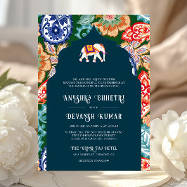 Convite Vibrante Elefante de Arte Popular Indiana Casament