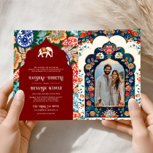 Convite Vibrante Elefante de Arte Popular Indiana Vermelho