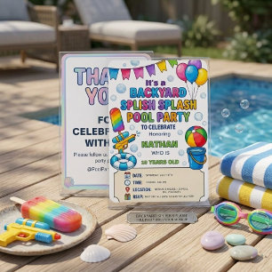 Convite Vibrante Festa na Piscina do Quintal com Chuvisco