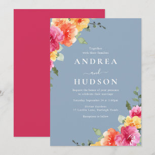 Convite Vibrante Pó Floral Rosa Azul Casamento