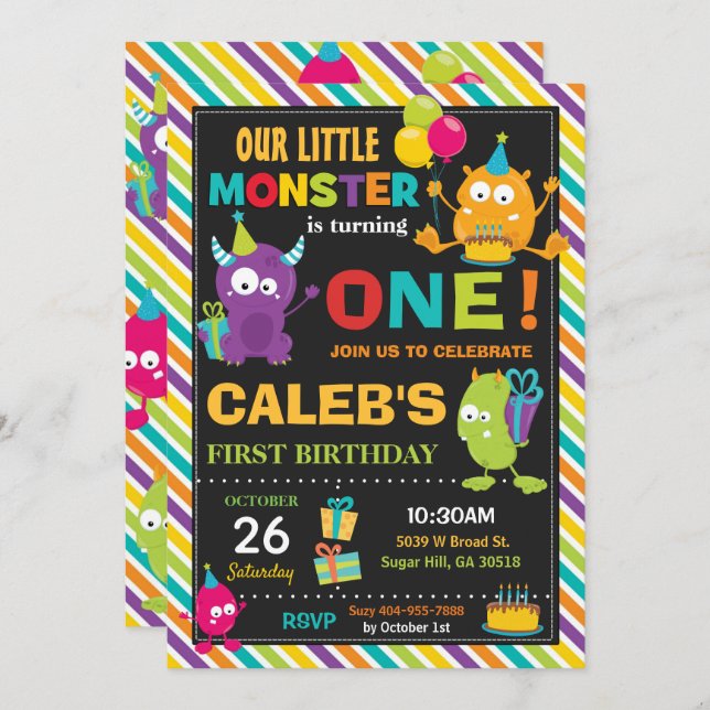 Convite Vibrante primeiro aniversario de monstro colorido (Frente/Verso)