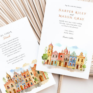 Convite Vibrante Puebla México Casamento Aquarela