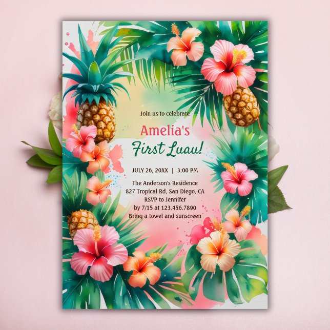Convite Vibrante Tropical Havaiana Primeiro primeiro anive (First Luau Birthday Invitation – Vibrant Tropical Hawaiian Party Invite Invitation)