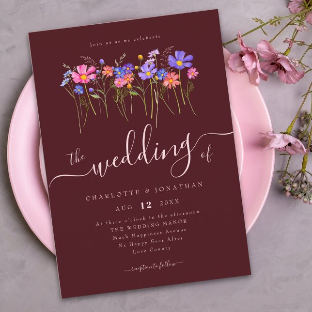 Convite Vibrantes Flores Silvestres Ousadas Burgundy Rosa  (Vibrant wildflower meadow boho burgundy blush pink wedding invitation Elegant whimsical script )