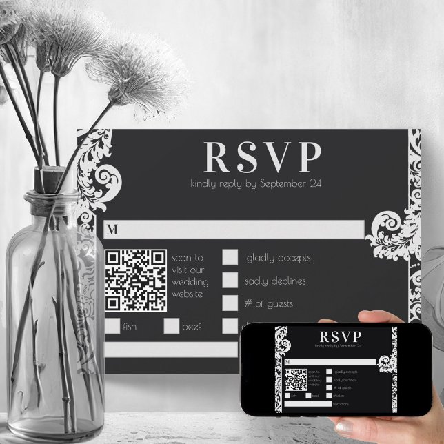 Convite Vice-presidente do Casamento tema damasco Floral B (elegant black and white wedding theme modern damask printable rsvp card)