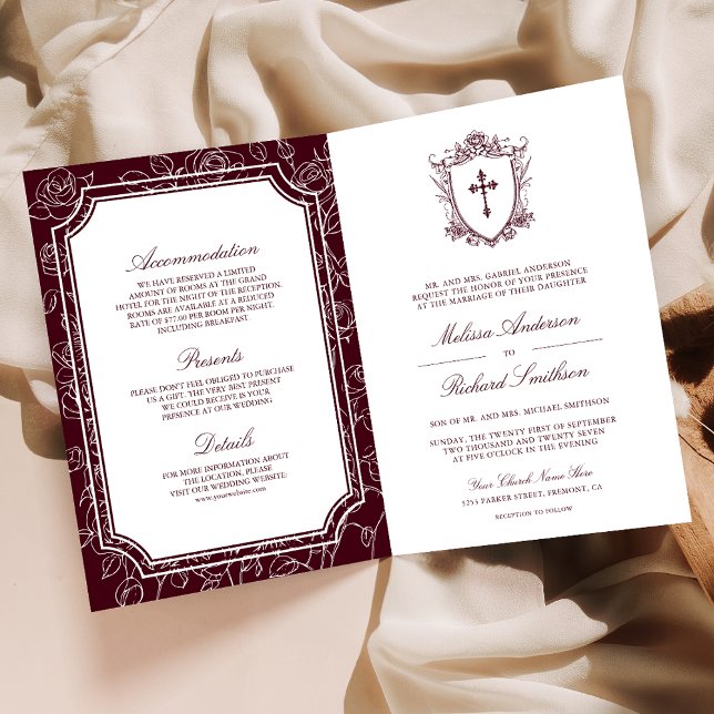 Convite Victorian Burgundy Catholic QR Code Wedding (Criador carregado)
