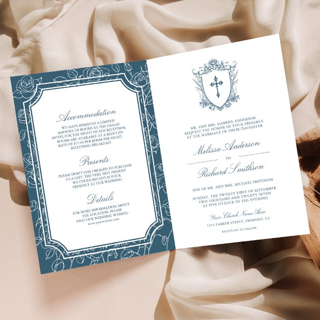Convite Victorian Dusty Blue Catholic QR Code Wedding (Criador carregado)