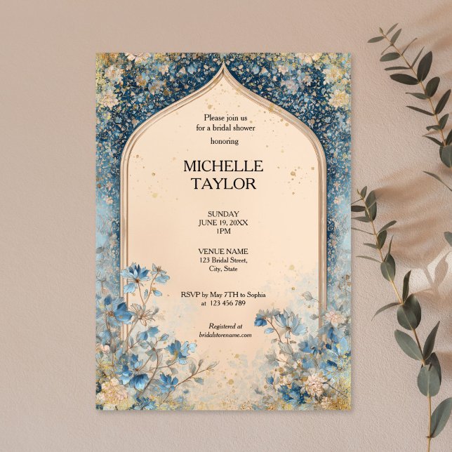 Convite Victorian Enchanted Garden Elegant Floral Bridal (BLUE AND GOLD FLORAL ARCH BRIDAL SHOWER INVITATION)