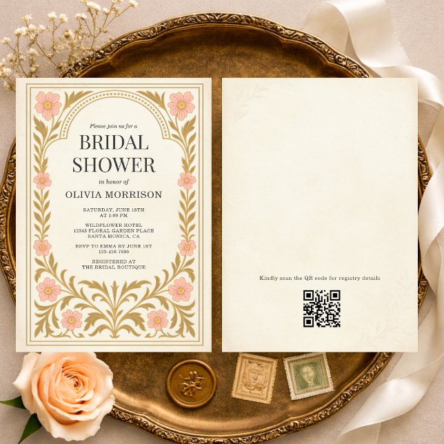 Convite Victorian Floral Art Nouveau QR Code Bridal Shower (Criador carregado)