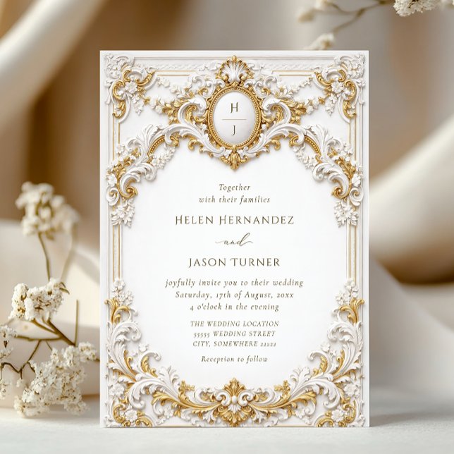 Convite Victorian Gold & White Baroque Frame Wedding (Criador carregado)