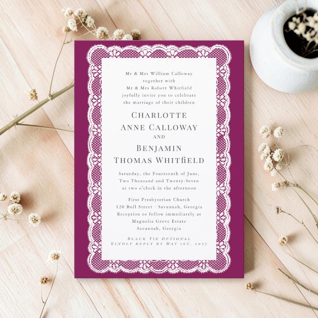 Convite Victorian Lace Plum Wedding Invitation (Criador carregado)