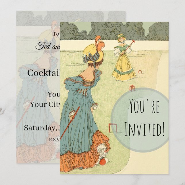 Convite Victorian Ladies Croquet Vintage Garden Party (Frente/Verso)