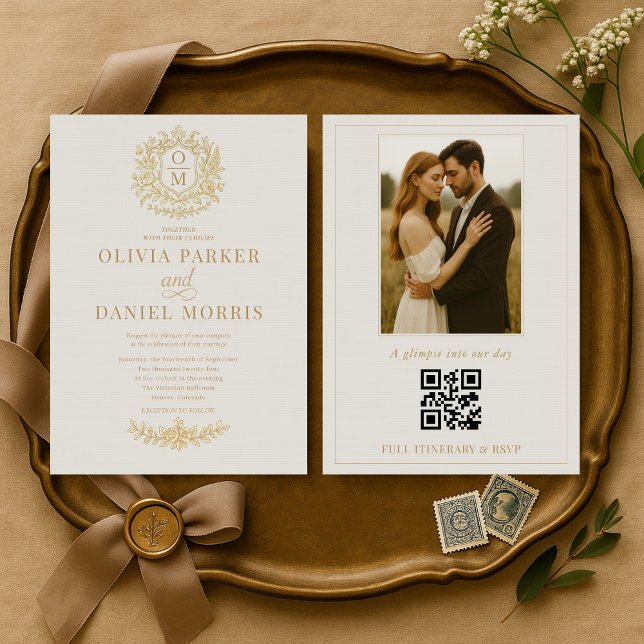 Convite Victorian Photo QR Code Floral Elegant Wedding (Criador carregado)