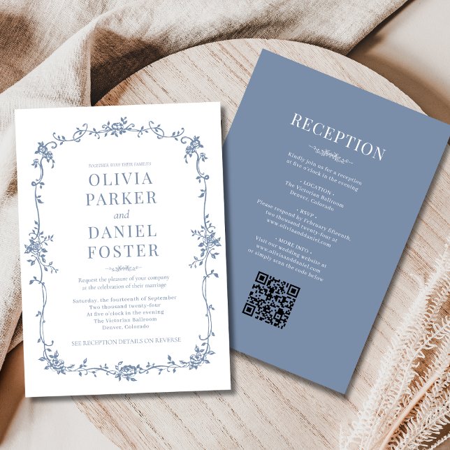 Convite Victorian QR Code All in One Dusty Blue Wedding  (Criador carregado)