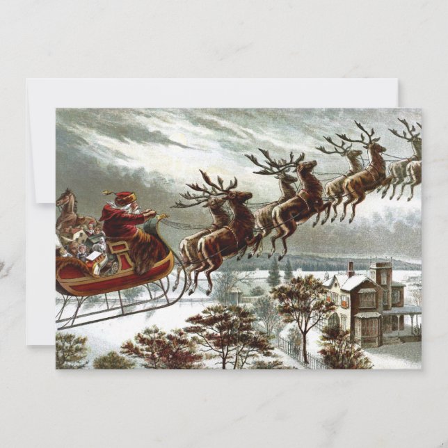 Convite Victorian Santa Claus Reindeer e Sleigh (Frente)