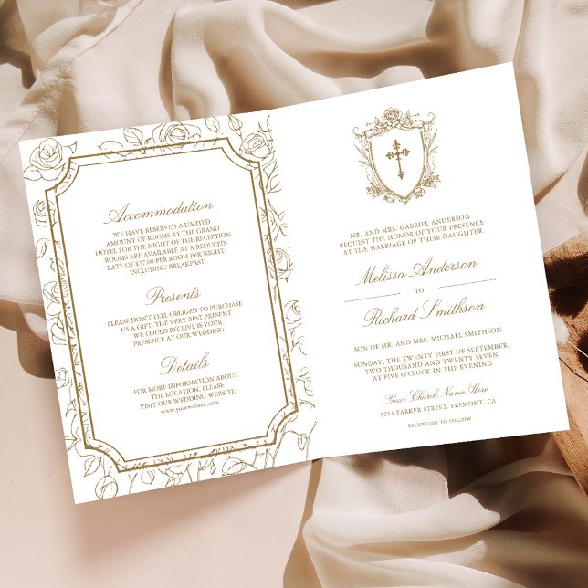 Convite Victorian White and Gold Catholic QR Code Wedding (Criador carregado)