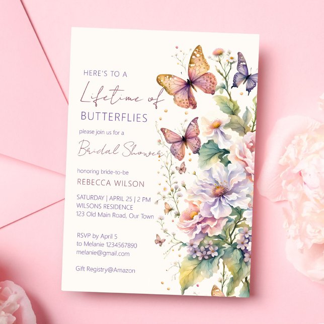 Convite Vida das borboletas chá de panela floral (Lifetime of Butterflies floral garden bridal shower Invitation template spring summer wild flowers)