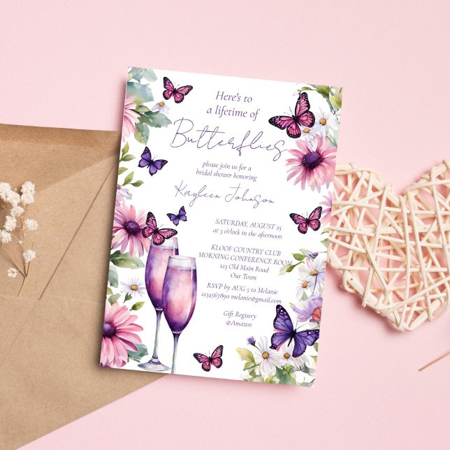 Convite Vida das borboletas chá de panela roxo (Lifetime of butterflies purple pink spring summer bridal shower invitation template digital download)