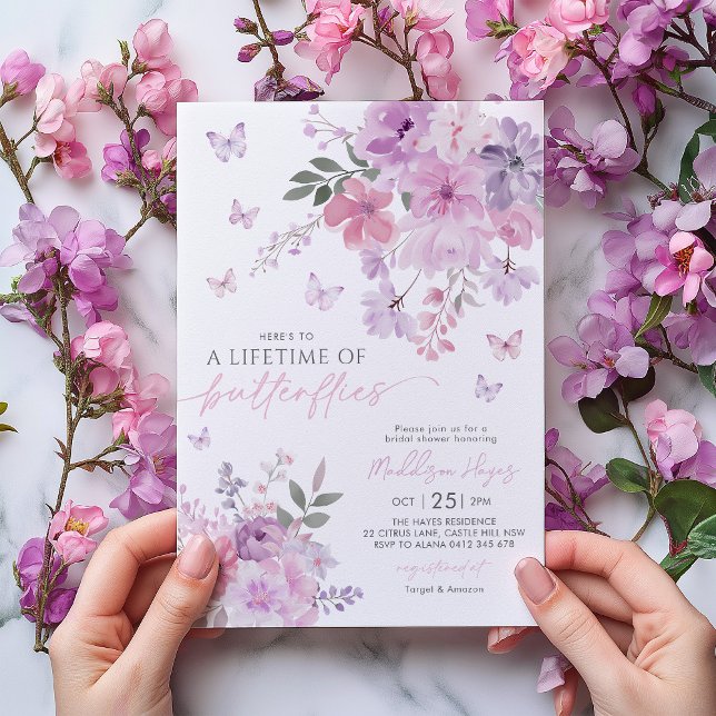 Convite Vida das borboletas Chá de panela roxo (Here's a lifetime of butterflies | Purple floral butterfly bridal shower invitation)