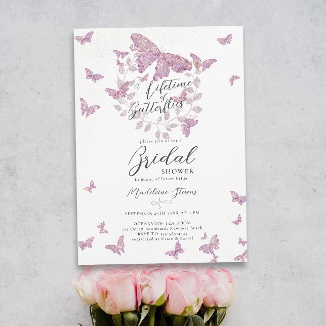 Convite Vida das borboletas Dourado Chá de panela roxo (a lifetime of butterflies purple pink mauve eucalyptus botanical bridal shower invitation garden)