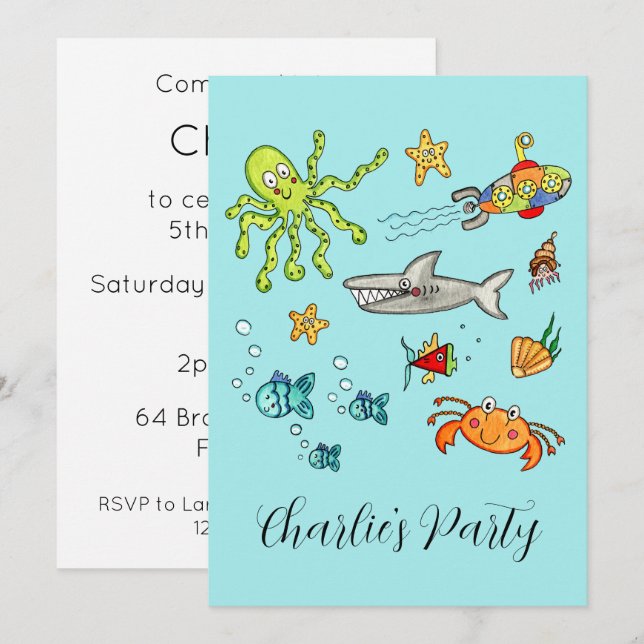 Convite Vida Marinha Personalizada Sob o Mar (Frente/Verso)