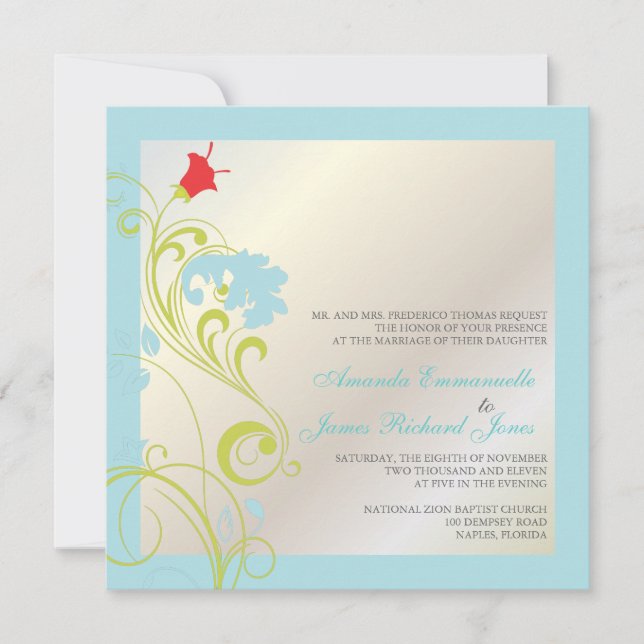 Convite Videira ornamental/azul aqua/verde/cinza (Frente)