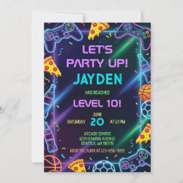 Convite Video Game Birthday Invitation, Neon Gaming Party
