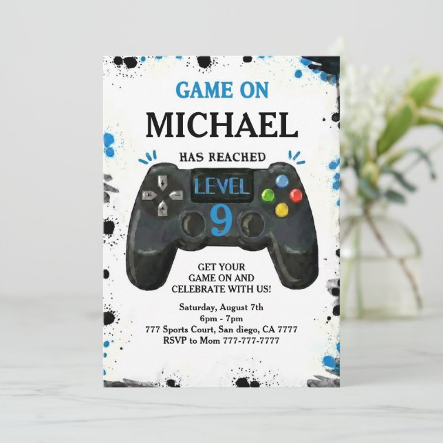 Convite Video Game Level up Gamer Birthday (Em pé/Frente)