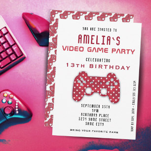 Convite Video Game Party Red Controller Gaming Birthday