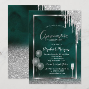 Convite Vidro, Balões, Brilho Gotejante, Verde Quinceañera