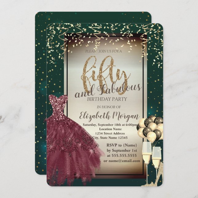 Convite Vidro,Balões,Vestido Vermelho,50º Aniversário Verd (Frente/Verso)