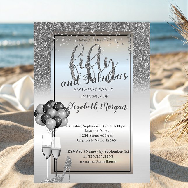 Convite Vidro da lente prateada,Balões 50ª Festa de aniver (Criador carregado)