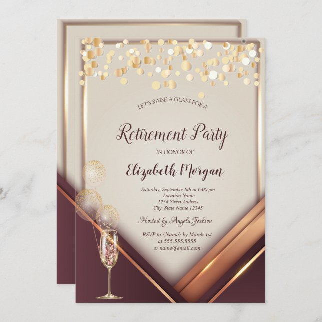 Convite Vidro de Champanhe Balões de Frame Dourado (Frente/Verso)