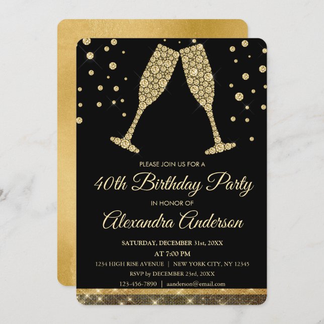 Convite Vidro de Champanhe de Diamante do Partido Dourado  (Frente/Verso)