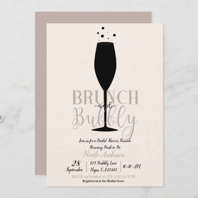 Convite Vidro de Champanhe Preto Brunch Borracha Bridal Br (Frente/Verso)