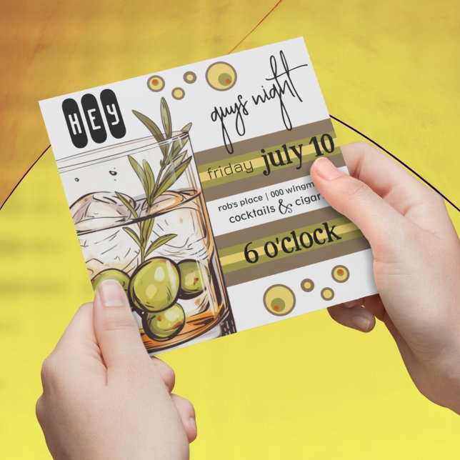 Convite Vidro de Rochas | Azeitonas | Cara Night Out (Boys night out bachelor party customizable invitation with olives and rocks glass. )