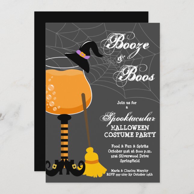 Convite Vidro de vinho de Booze e Boos Halloween (Frente/Verso)