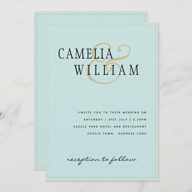 Convite Vidro do Mar Clássico Casamento Dourado Aqua Verde (Frente/Verso)