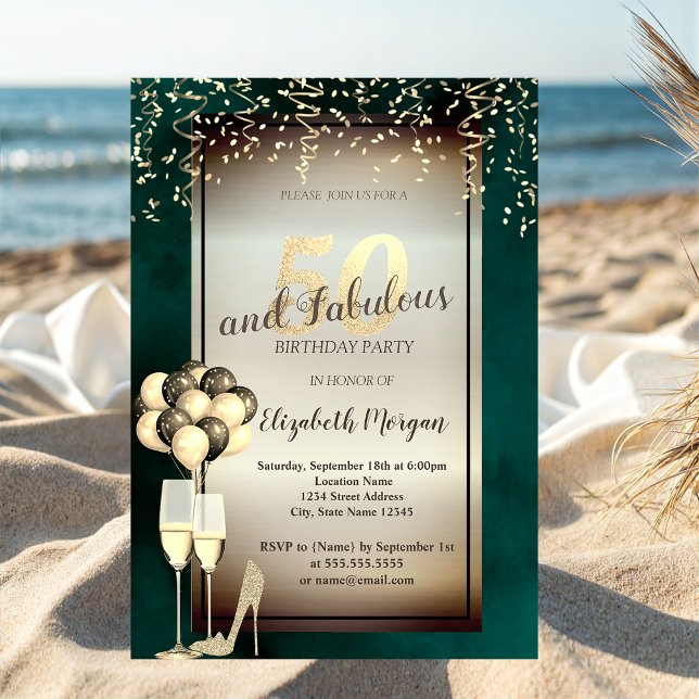 Convite Vidro Dourado, Balões Verdes 50º Aniversário (Criador carregado)