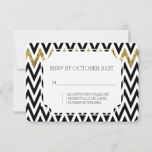 Convite Vidro Dourado Chic e RSVP Chevron Preto