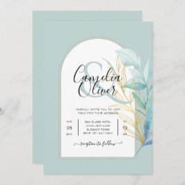 Convite Vidro Dourado de folha Sage no Mar Elegante