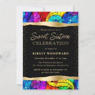 Convite Vidro Dourado e multicolorido Sweet 16
