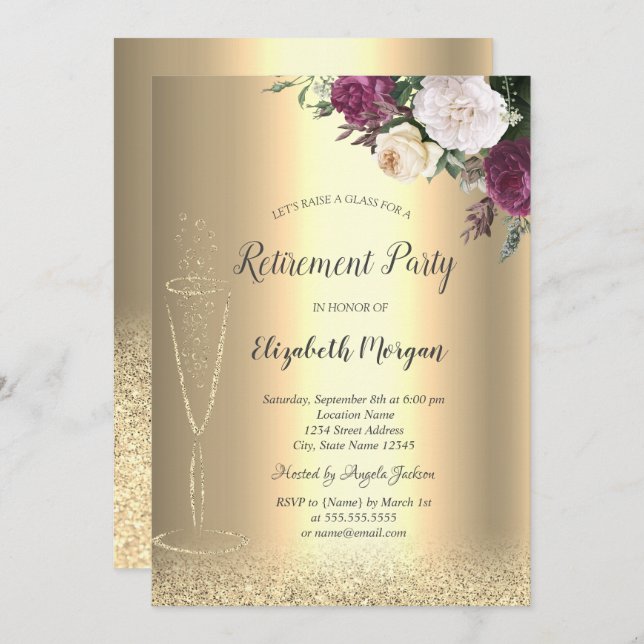Convite Vidro Dourado Luminoso Bokeal Aposentação Floral (Frente/Verso)