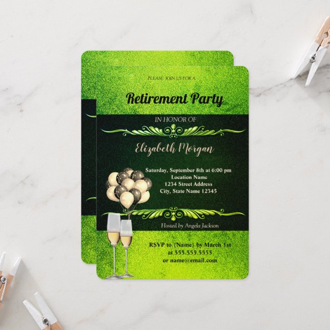 Convite Vidro Elegante, Balões, Aposentação Verde (Frente/Verso In Situ)