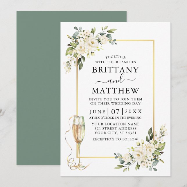 Convite Vidro Floral Branco Vidro Floral Sage Verde (Frente/Verso)