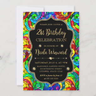 Convite Vidro Manchado Multicolorido e Dourado Aniversário
