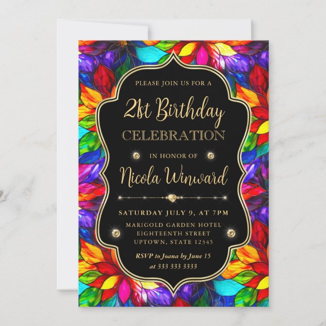 Convite Vidro Manchado Multicolorido e Dourado Aniversário (Frente)