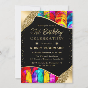 Convite Vidro Manchado Multicolorido e Dourado Aniversário