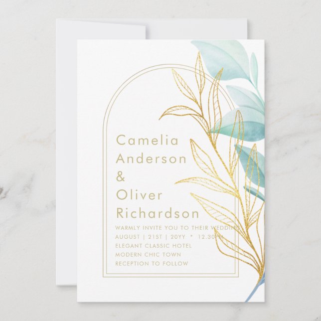 Convite Vidro marítimo em 1 Aqua Green Dourada deixa casam (Frente)