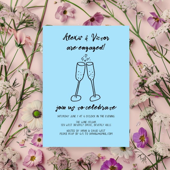 Convite Vidros de champanhe animam Festa de noivado person (Champagne Glasses Cheers Custom Engagement Party Invitation Blue Hand Drawn Doodle
)